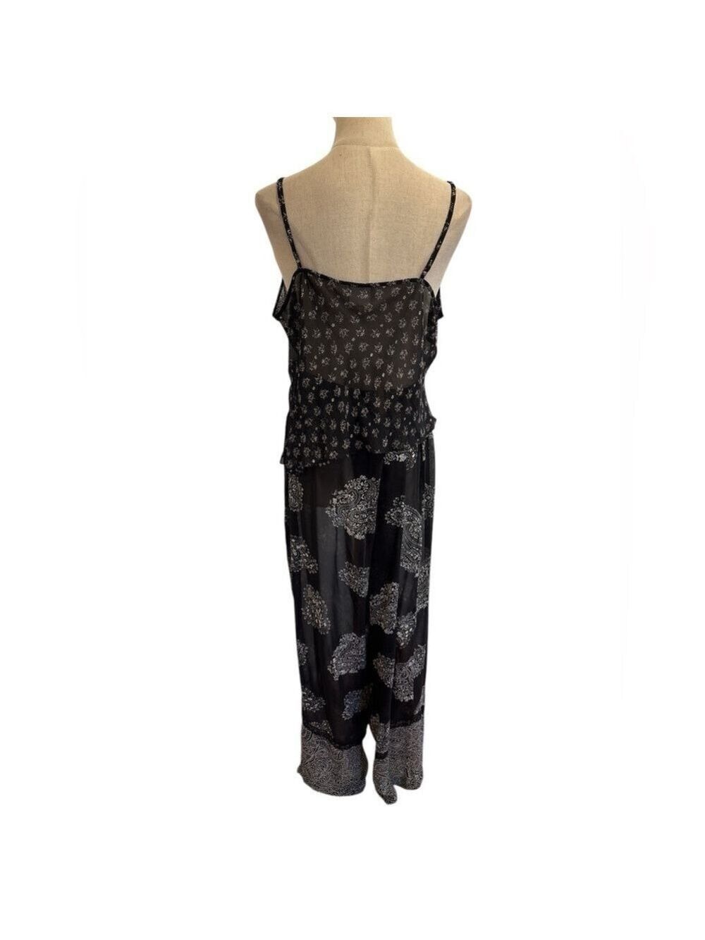 90s 2PC DELICATES BOHO SHEER BLK & CREAM PAISLEY CROP TOP & WIDE LEG PANT SZ XL - Picture 4 of 16